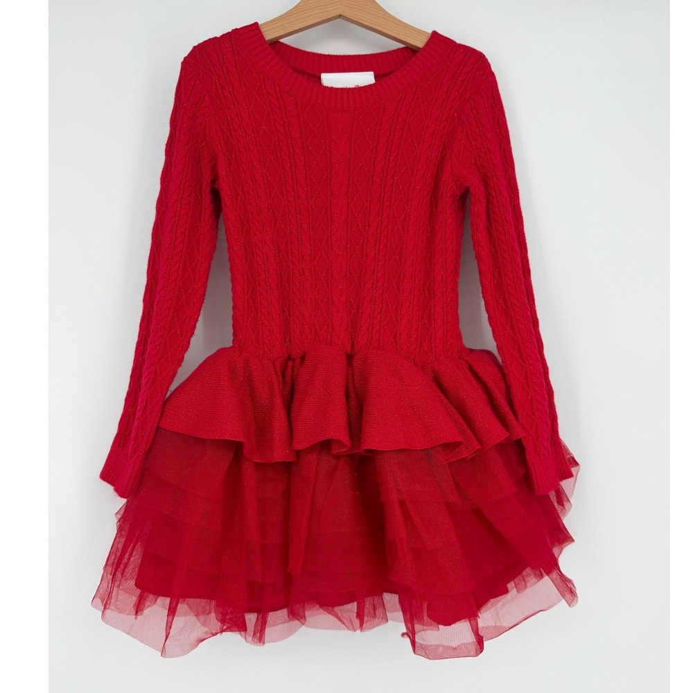 American Girl Red Crimson Sparkleโ Sweater Dress Sz 6 Cable Knit Tulle Skirt